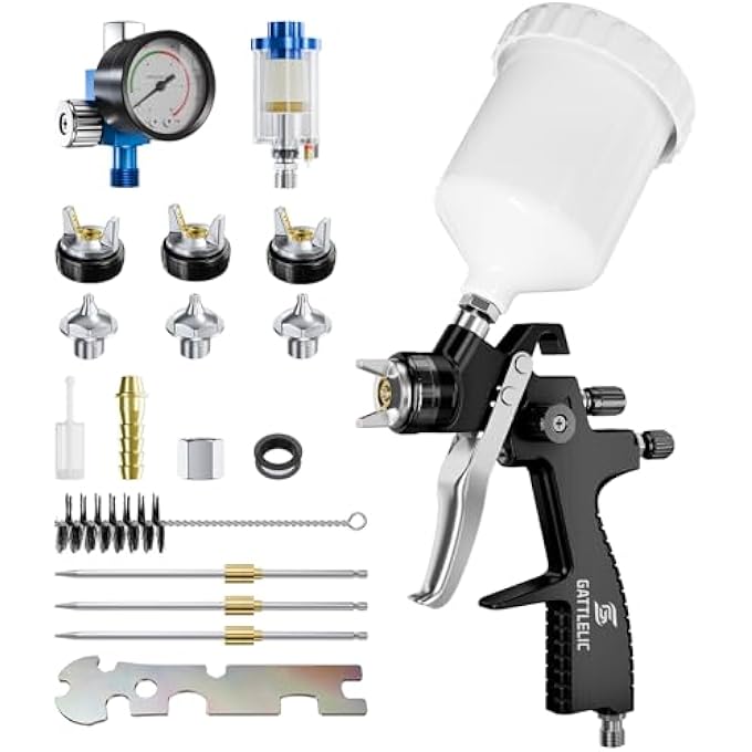 GATTLELIC LVLP AIR SPRAY GUN PREMIUM KIT WITH 1.3/1.5/1.7MM NOZZLE & AIR REGULATOR,AUTOMOTIVE PAINT GUN SPRAYER,CAR PAINT GUN SPRAYER,AIR PAINT SPRAYER GUN FOR CARS & HOUSE DIY PAINTING(BLACK) - Image 1
